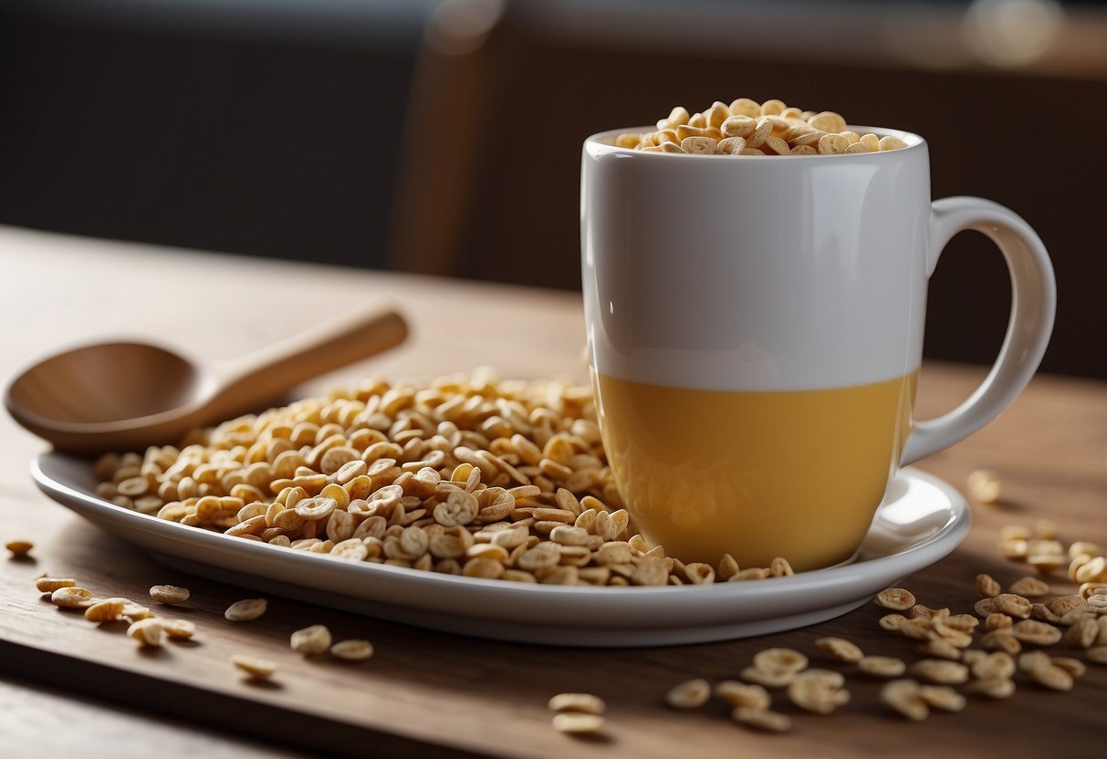 A spoon balanced on a high chair tray, surrounded by scattered cereal pieces and a sippy cup