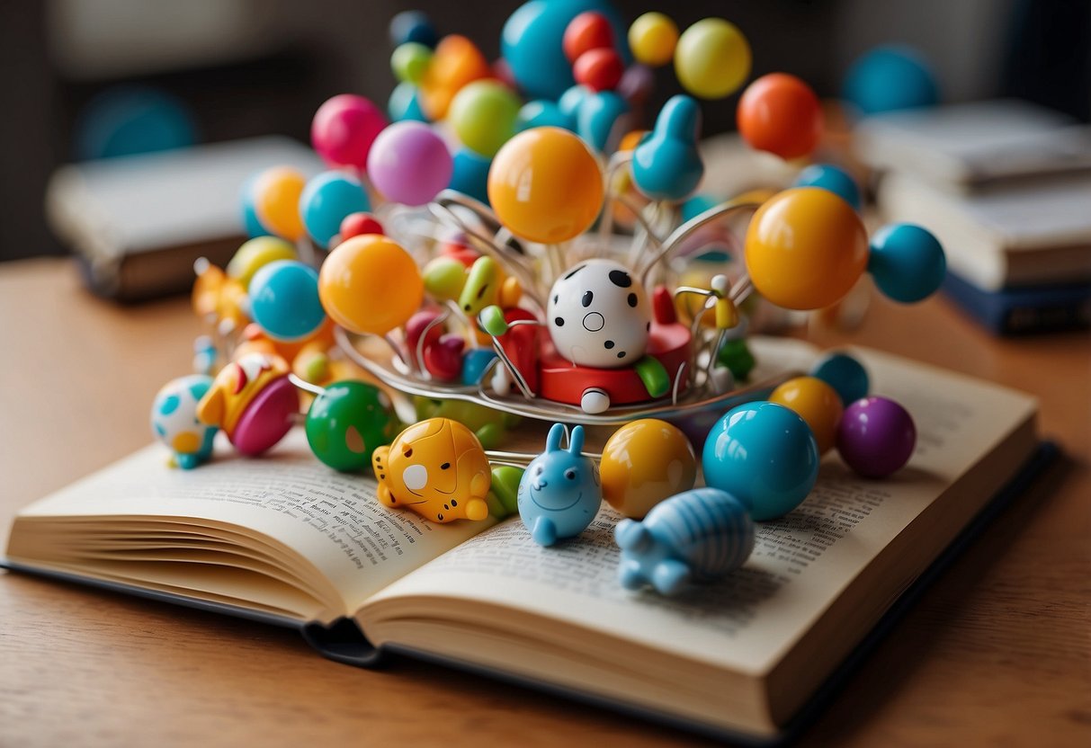 A book with pages being turned, surrounded by colorful illustrations of baby toys and activities