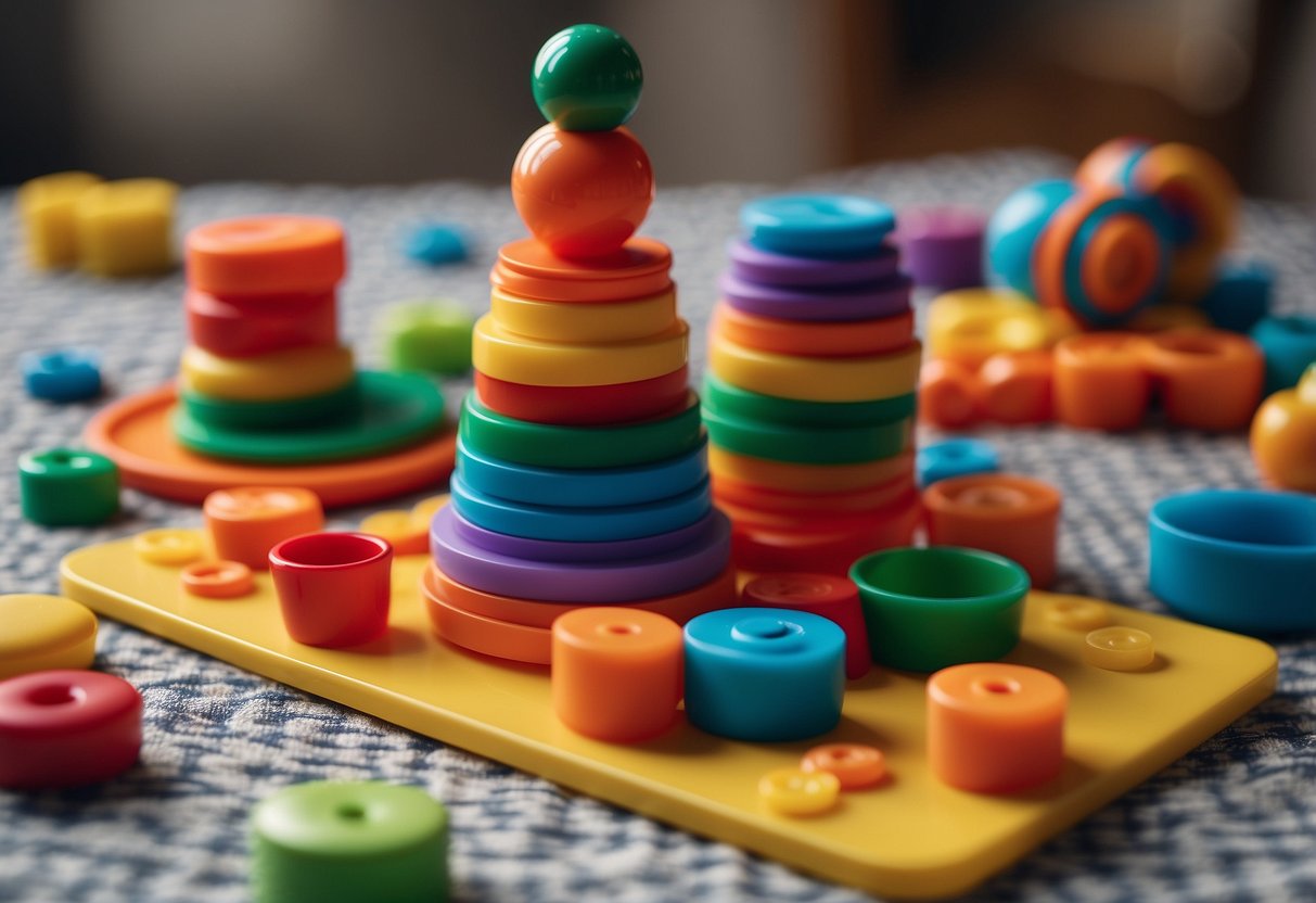 Colorful toys scattered on a soft, patterned mat. A stack of blocks, a shape sorter, a set of nesting cups, a toy with buttons, and a spinning top