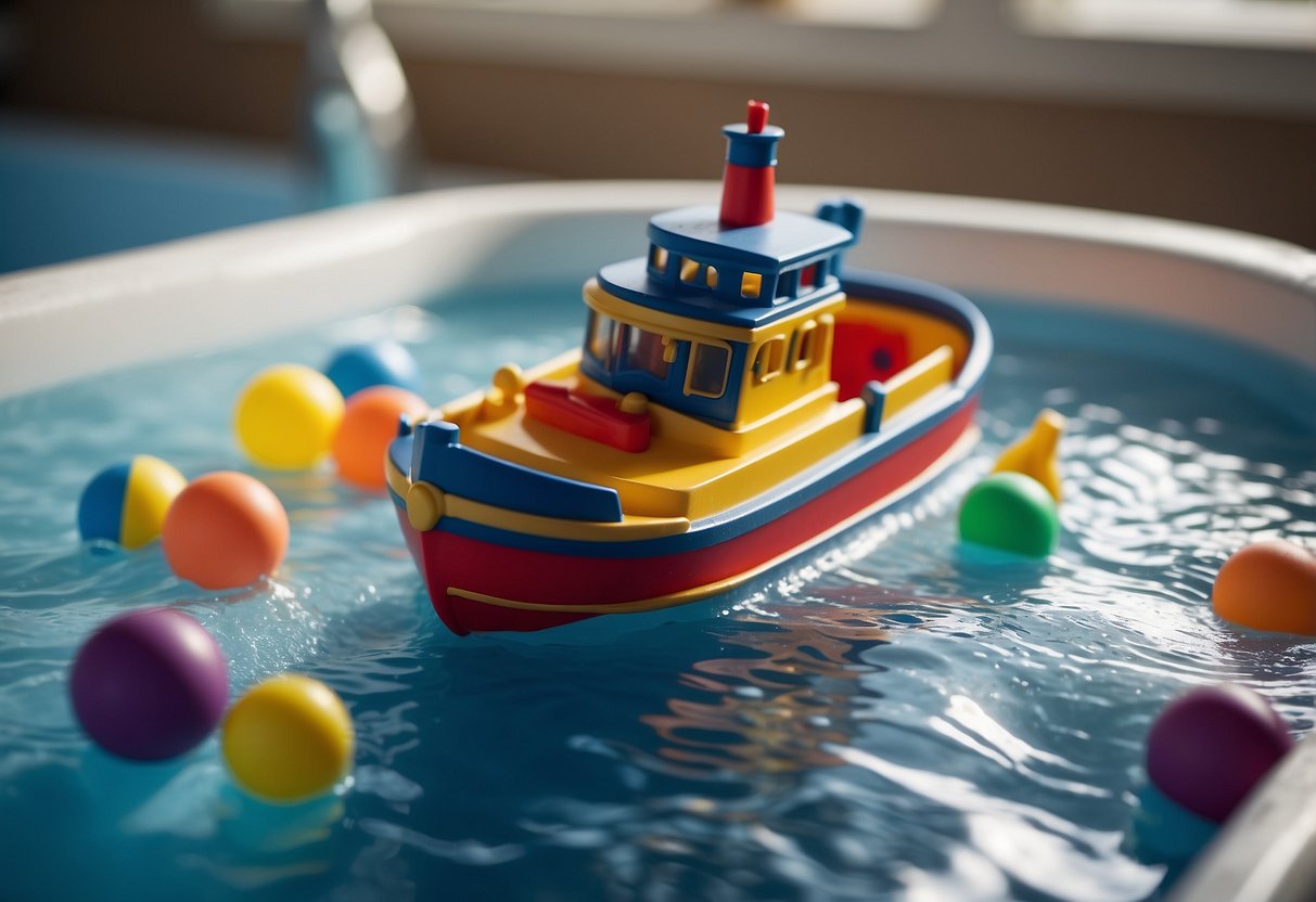 A colorful tugboat floats in a bathtub, surrounded by floating toys. The water is calm, and the toys are bright and engaging