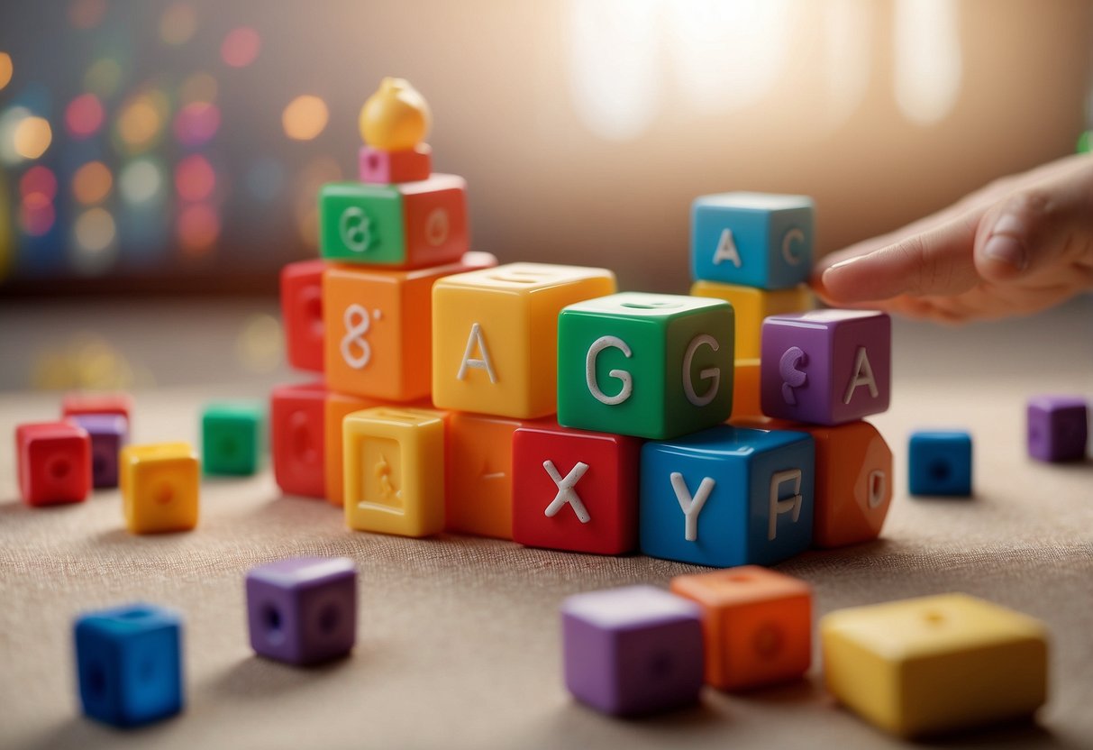 A baby reaching for colorful blocks, stacking rings, and a shape sorter. A soft fabric book with crinkly pages and a textured ball for grasping