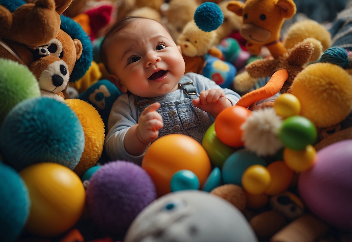 A colorful play mat with various textured toys scattered around. A baby reaching for a rattle, while another toy dangles from above