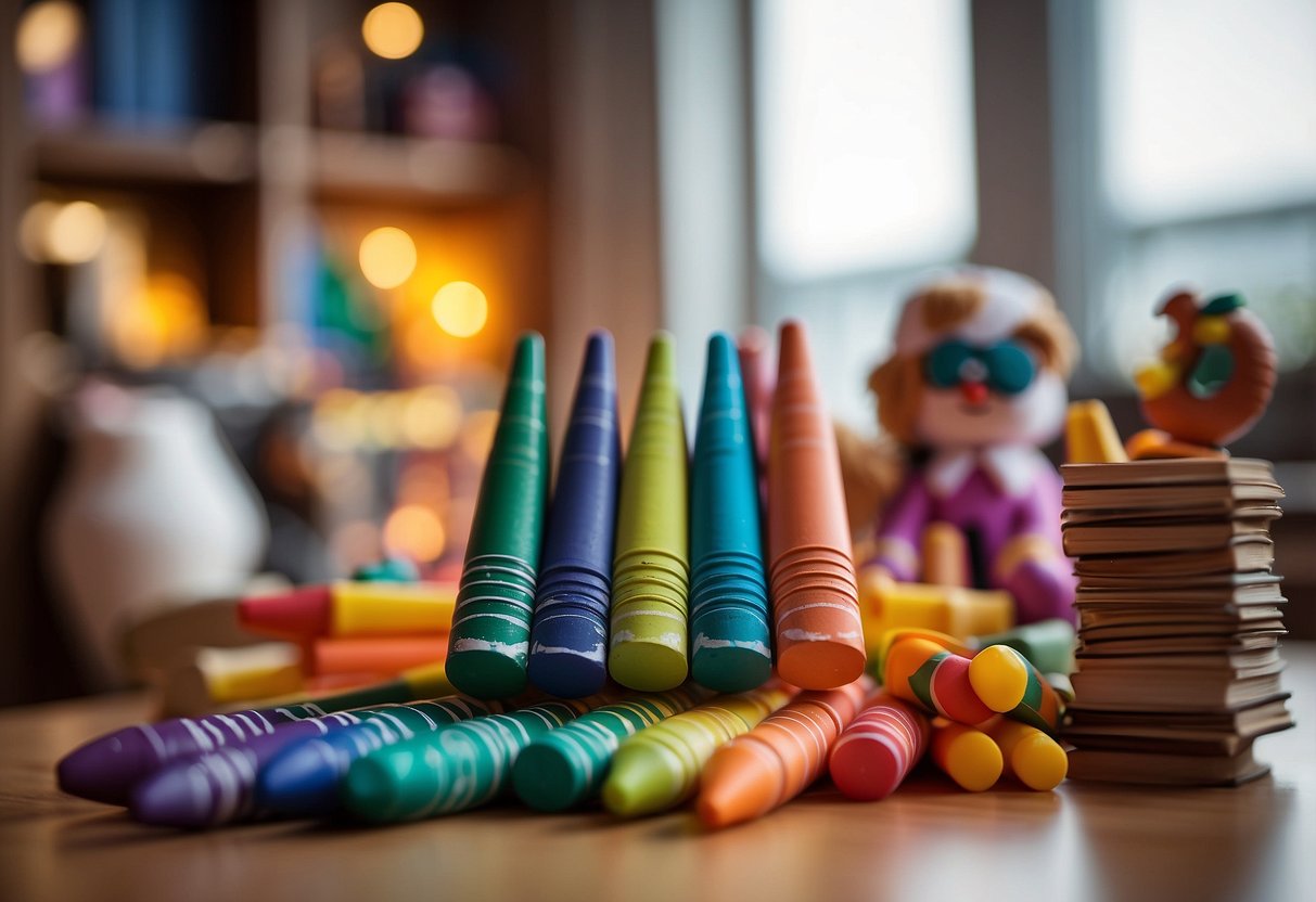 Colorful crayons arranged in a playful display, surrounded by toys and books. A bright, inviting space with natural light and a cozy atmosphere