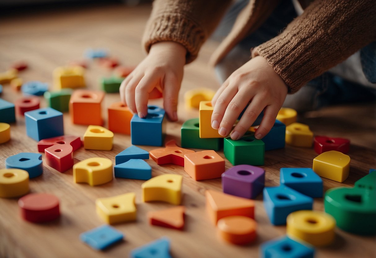 Colorful shape sorters scattered on the floor, with various shapes and sizes. A baby reaching for a sorter, focusing on fitting the shapes into corresponding slots