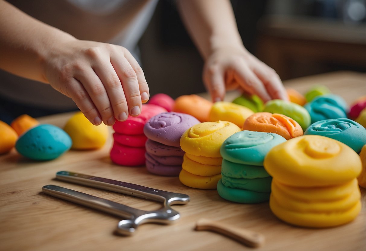 A table with various playdough tools and colorful dough. A baby's hand reaching out to grab a tool. A smiling adult nearby offering encouragement