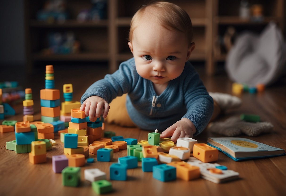 A baby's first year: grasping objects, reaching for toys, stacking blocks, turning book pages, scribbling with crayons, using a spoon, picking up small items, buttoning clothes, zipping zipper, and using scissors