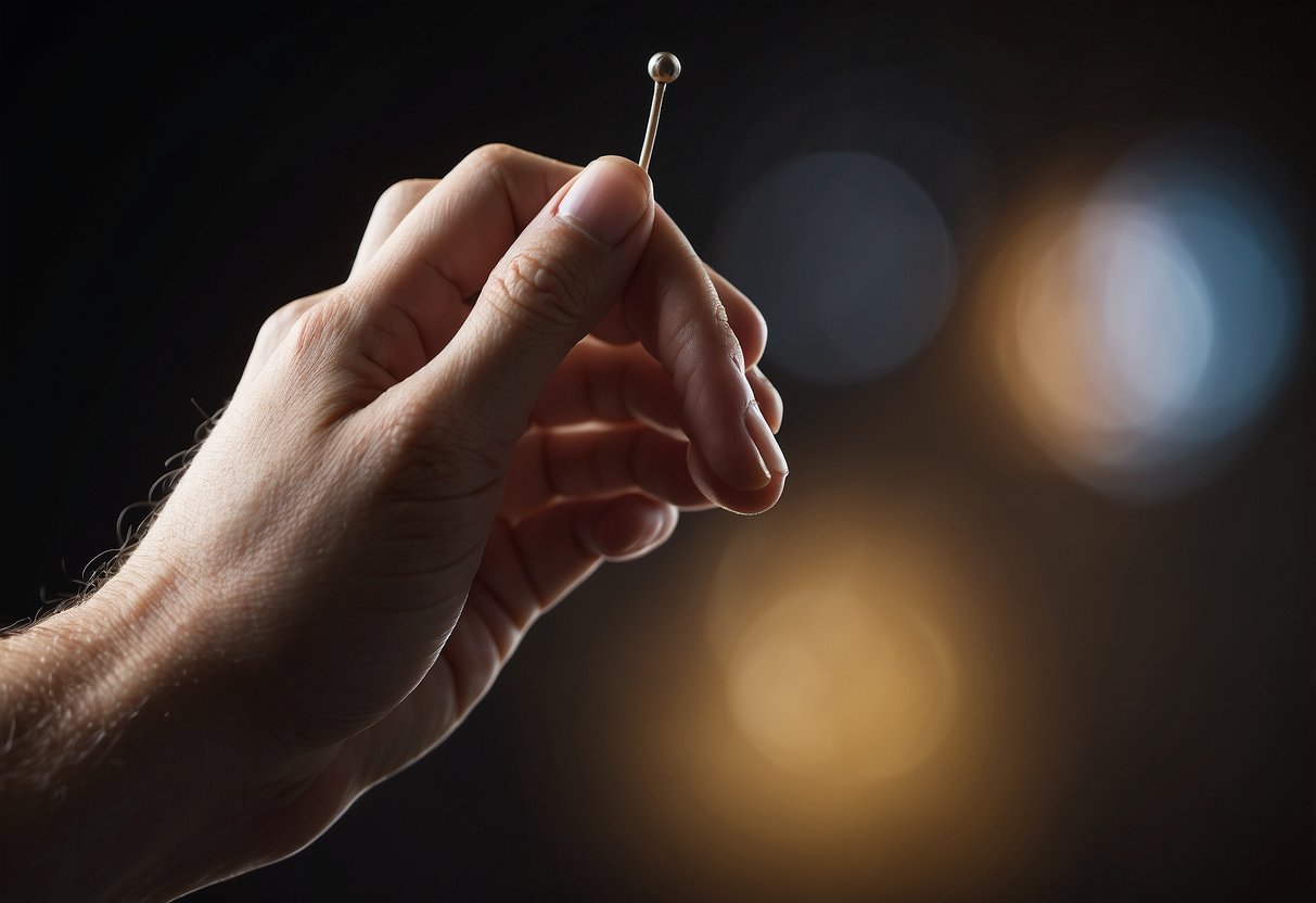 A hand reaching out to grasp a small object. The fingers are curled around the item, demonstrating fine motor control