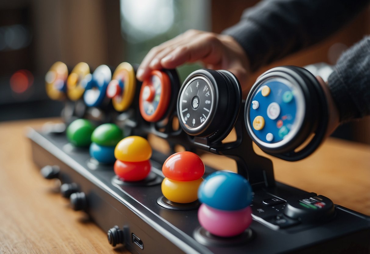 A hand presses buttons on various toys, demonstrating fine motor skills