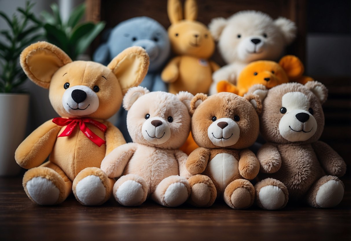 A collection of soft toys arranged in various sizes and textures, placed within reach of a baby's grasp