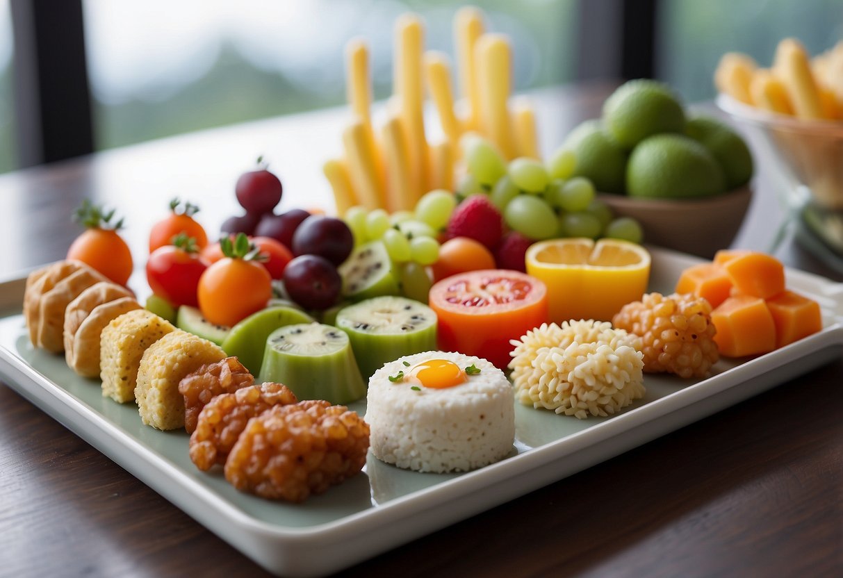 A variety of finger foods arranged on a high chair tray, with different textures and shapes for baby to grasp and manipulate