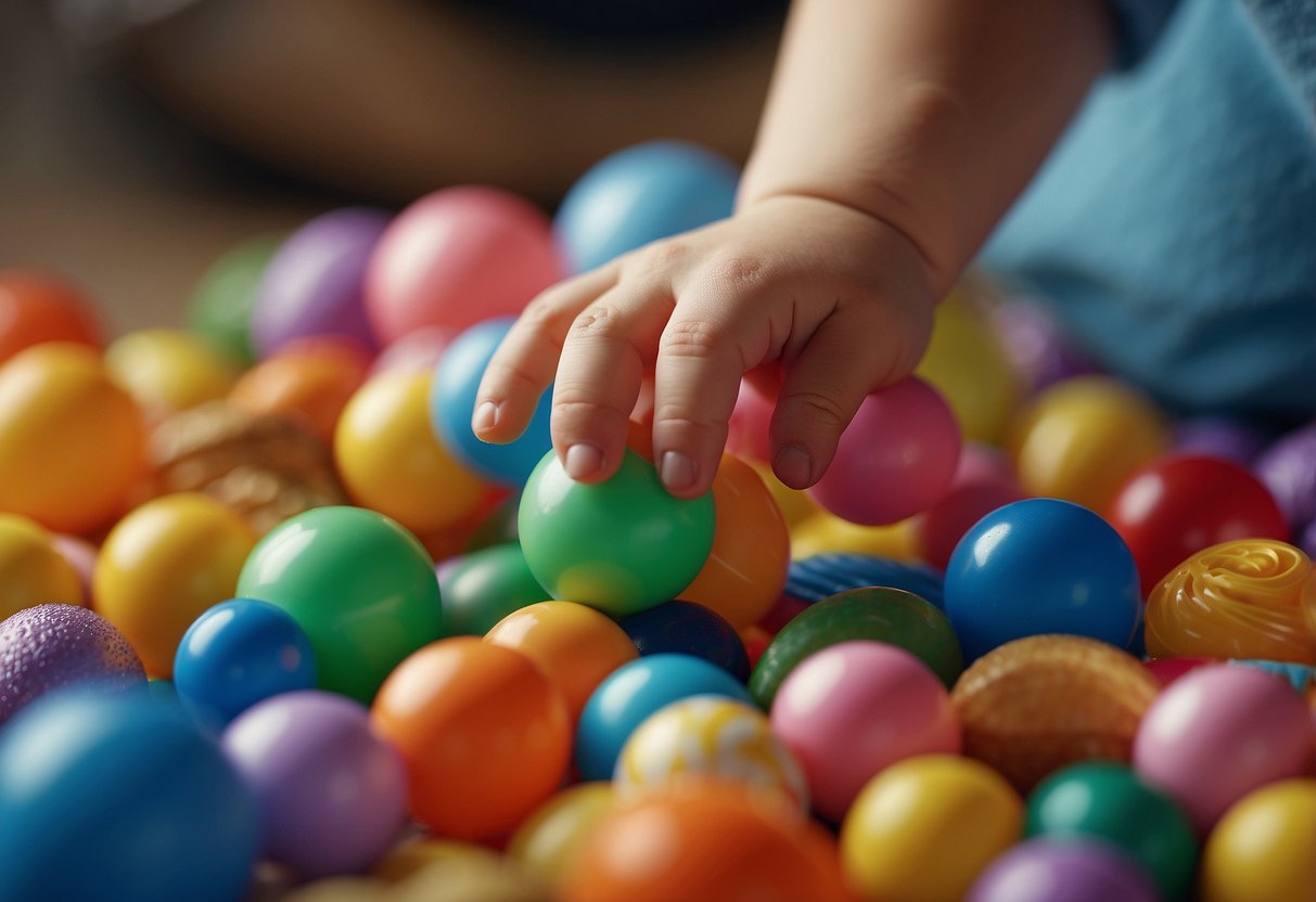 A baby's hand reaching out to grasp a colorful toy, fingers curling around the object, while other toys and objects of different shapes and textures surround the baby