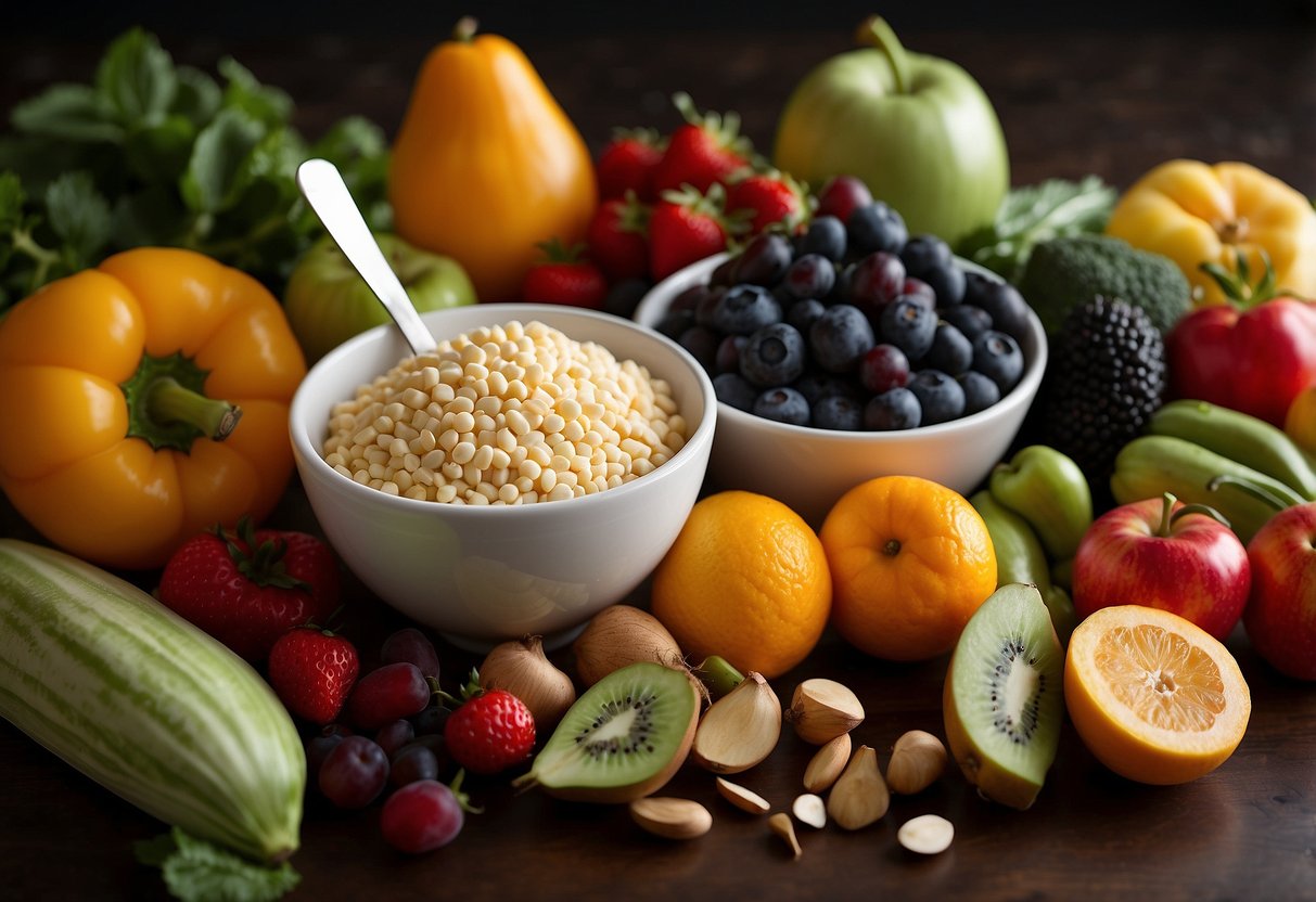 A colorful array of fruits and vegetables arranged on a table, alongside a variety of dairy and protein sources. A measuring cup and spoon are visible, emphasizing portion control