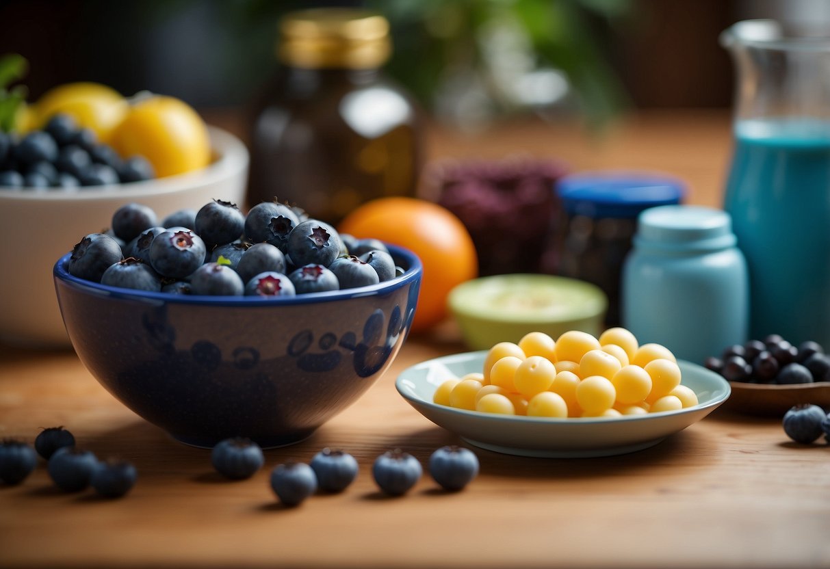 A bowl of fresh organic blueberries surrounded by various baby-friendly foods and nutritional supplements, with a backdrop of colorful and playful baby development toys