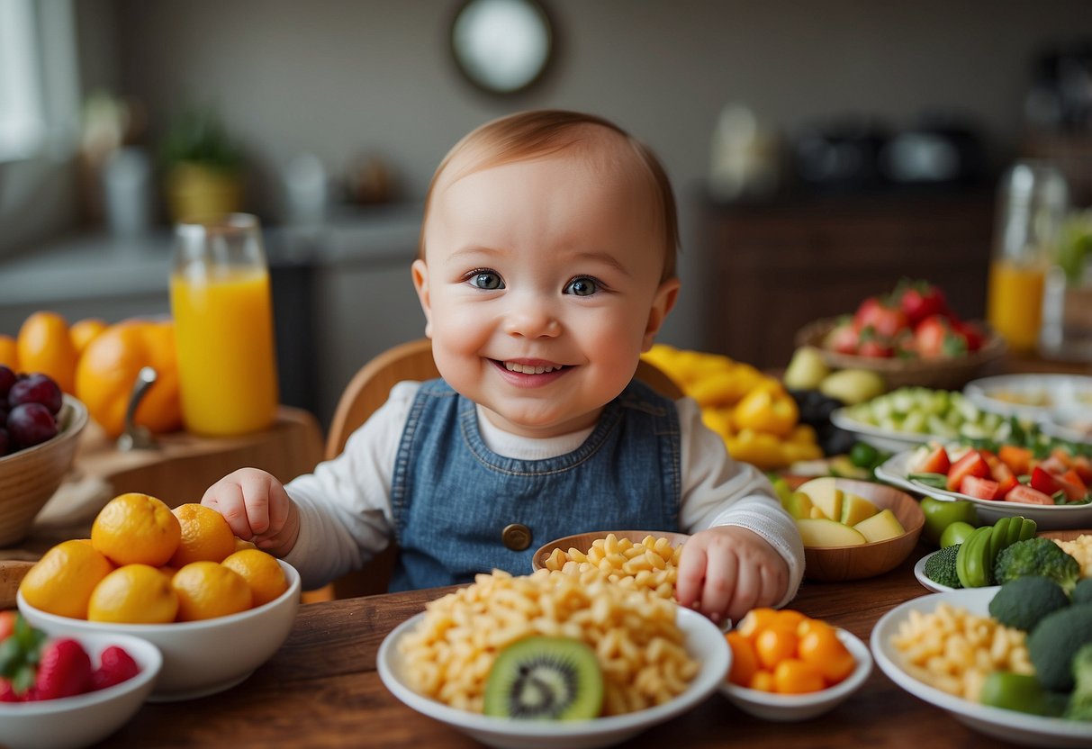 A smiling baby surrounded by a variety of healthy and colorful foods, with empty plates indicating they have eaten well