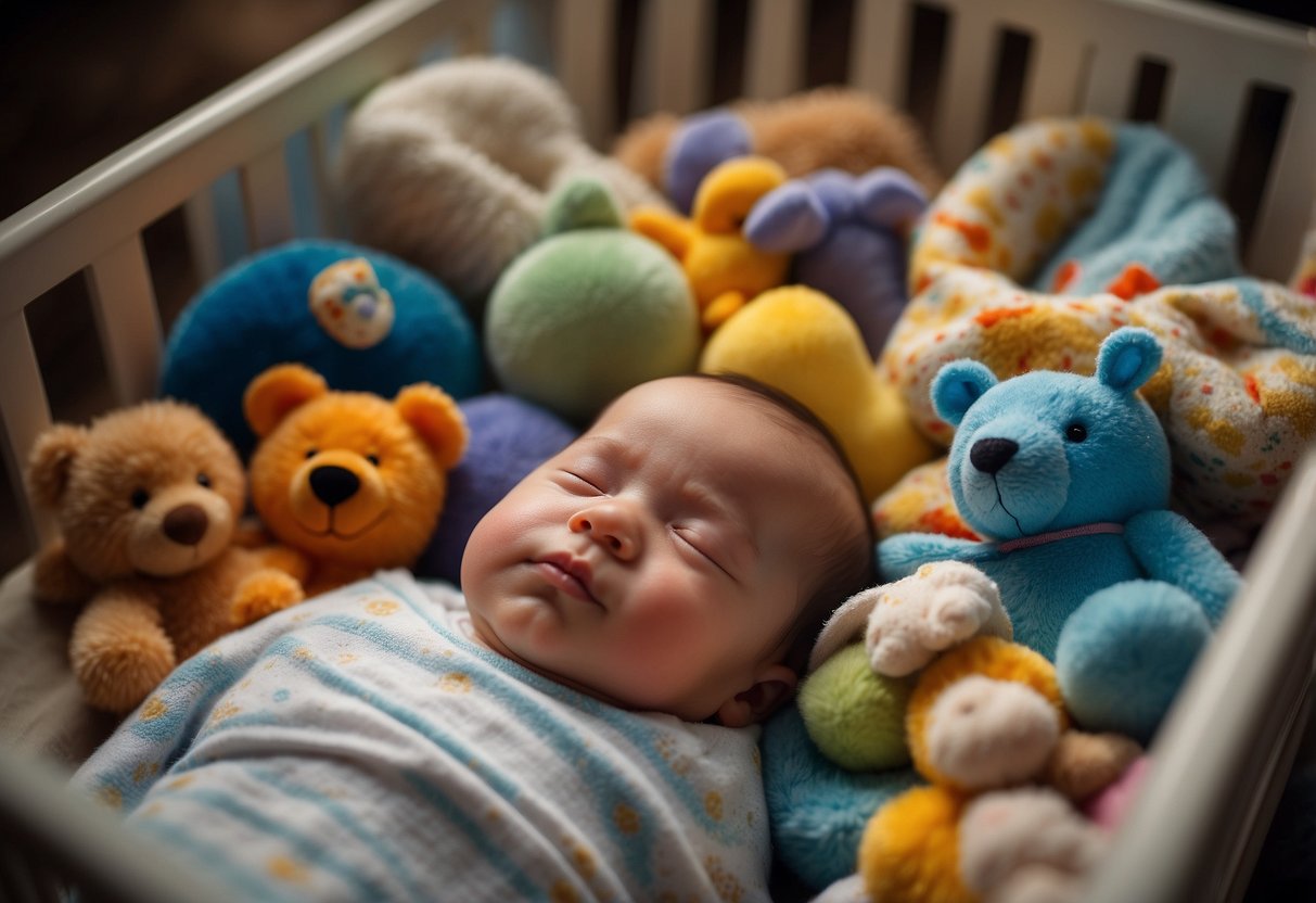 A peaceful baby sleeping soundly in a cozy crib, surrounded by colorful and stimulating toys. A bottle of formula or breastmilk sits nearby, indicating proper nutrition