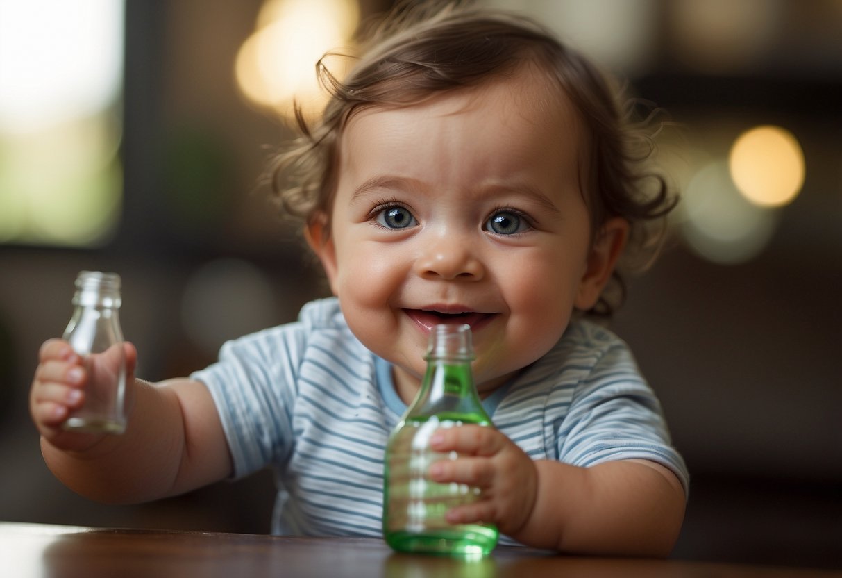 A baby reaching eagerly for a bottle, eagerly drinking, smiling and making eye contact with the caregiver, showing signs of contentment and satisfaction