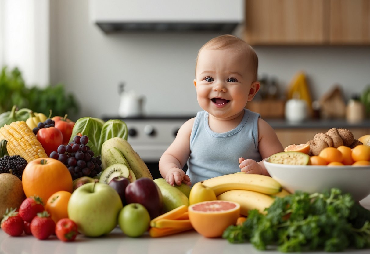 A smiling baby surrounded by a variety of healthy foods, with a growth chart showing steady progress in the background