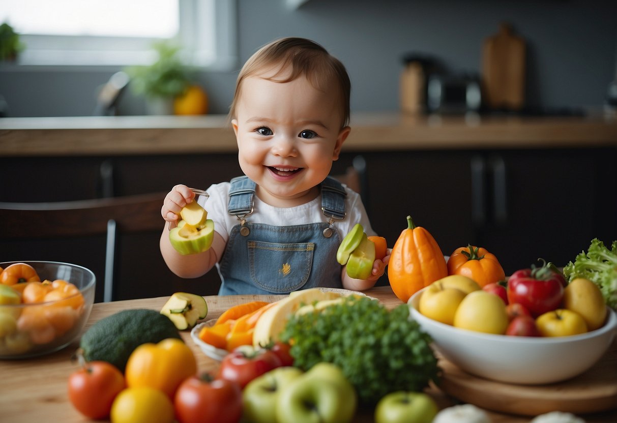 A smiling baby surrounded by a variety of healthy and colorful foods, with a bright and energetic atmosphere