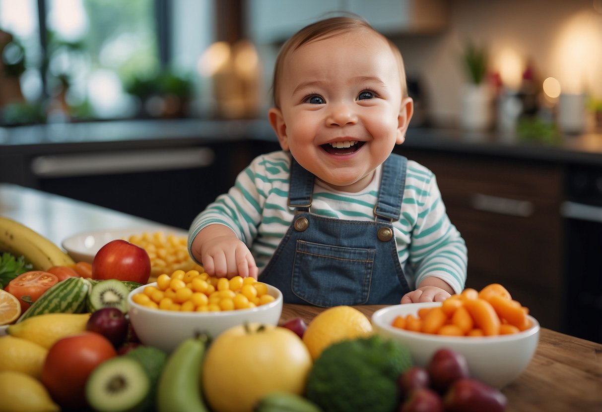 A smiling baby surrounded by a variety of colorful and nutritious foods, with a content expression and no signs of discomfort or distress