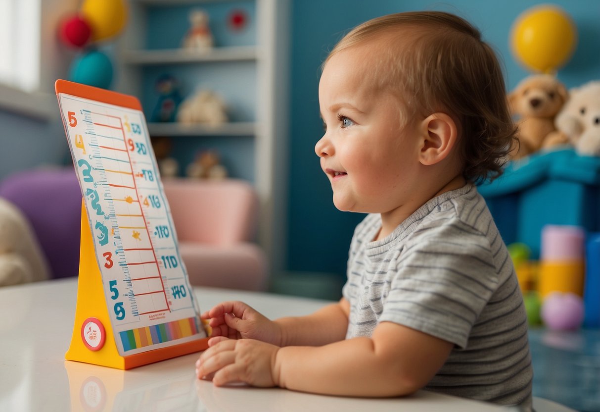 A baby's growth chart with height and weight measurements, a pediatrician's office, a smiling parent reading a baby development book, a colorful nursery with developmental toys, a happy baby reaching for a milestone toy