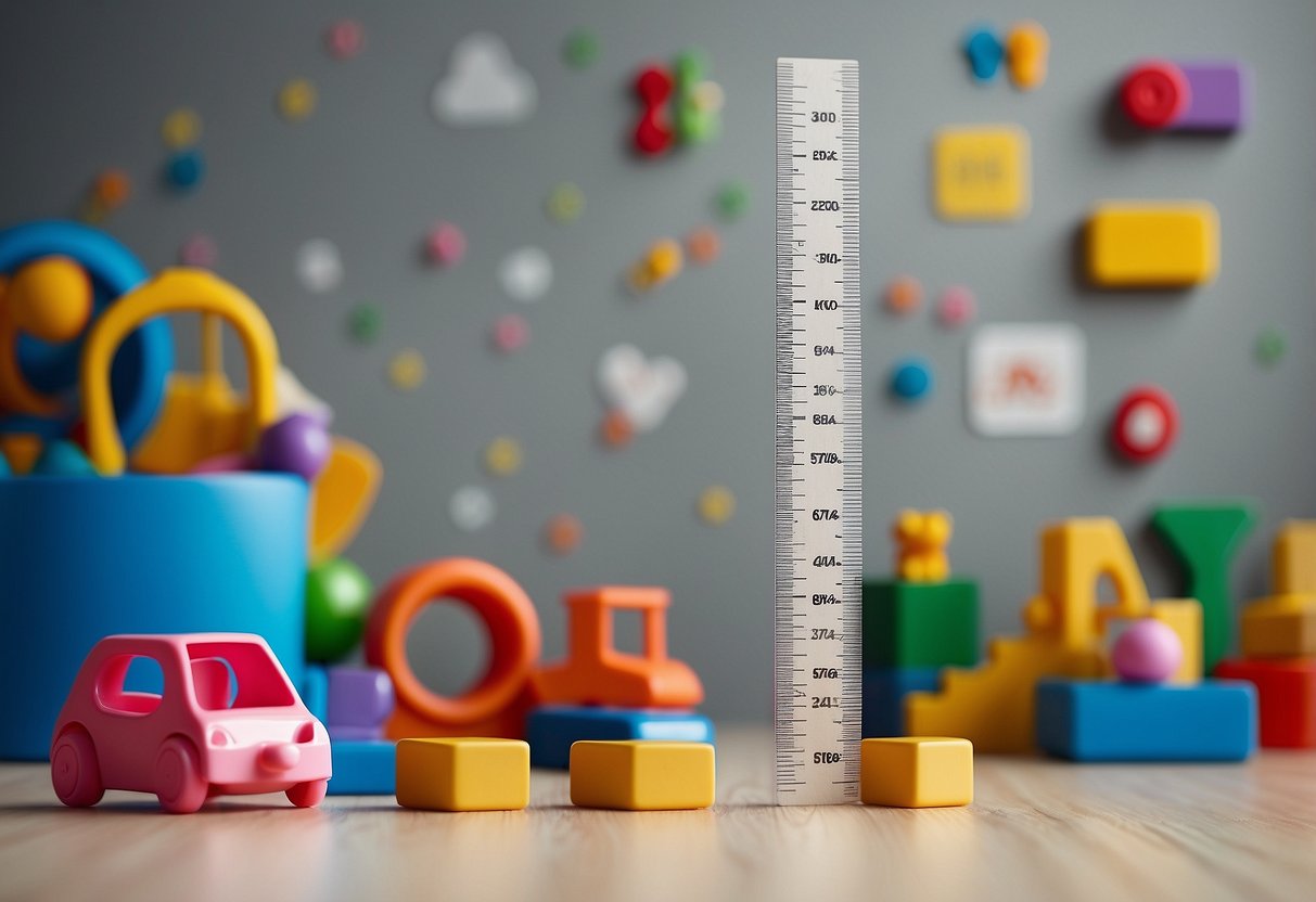 A ruler marked with baby milestones, surrounded by toys and a growth chart on the wall, showing steady progression