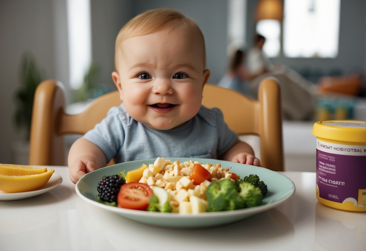 A colorful plate with various food groups in proper portions, a happy baby sitting in a high chair, a growth chart on the wall, a smiling parent feeding the baby, and a nutritionist's approval stamp