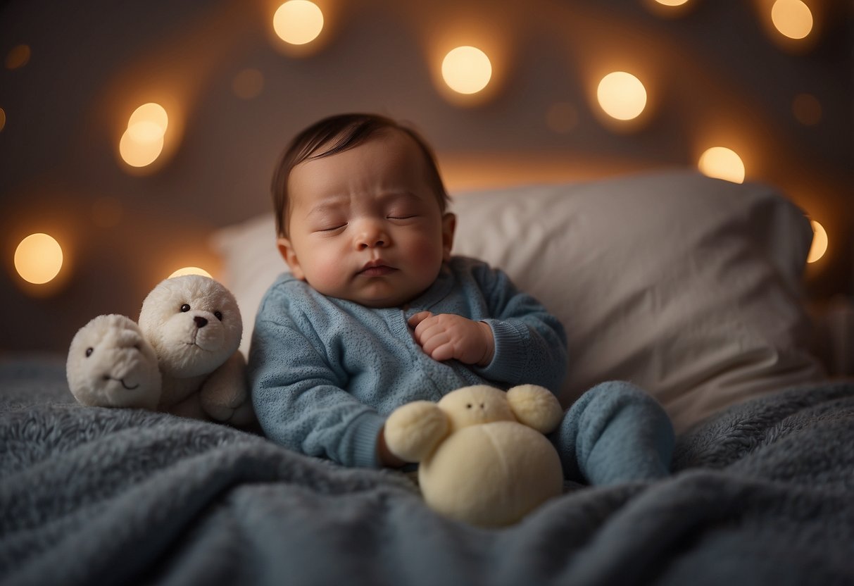 A peacefully sleeping baby surrounded by soft, comforting blankets and toys, with a gentle nightlight casting a warm glow in the room