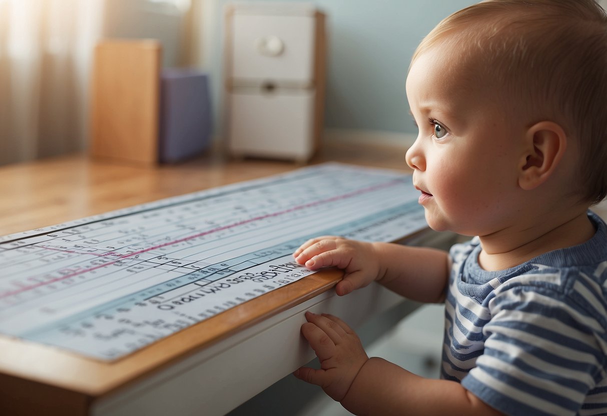 A baby's growth chart with plotted data points and a ruler measuring height