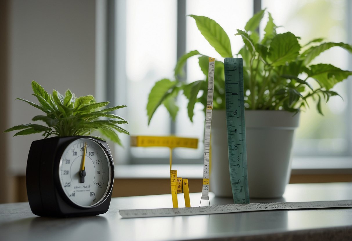 A ruler marking the height of a growing plant, a scale measuring the weight of a baby bottle, a chart tracking milestones, a tape measure for head circumference, and a stadiometer for standing height