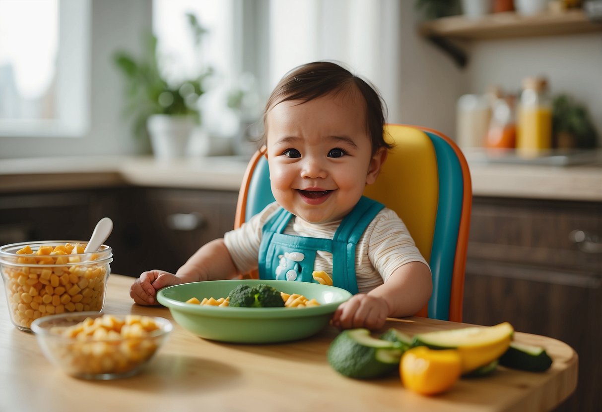 A baby's high chair surrounded by colorful, healthy foods and feeding utensils. A smiling parent sits nearby, offering a spoonful of food to the eager child