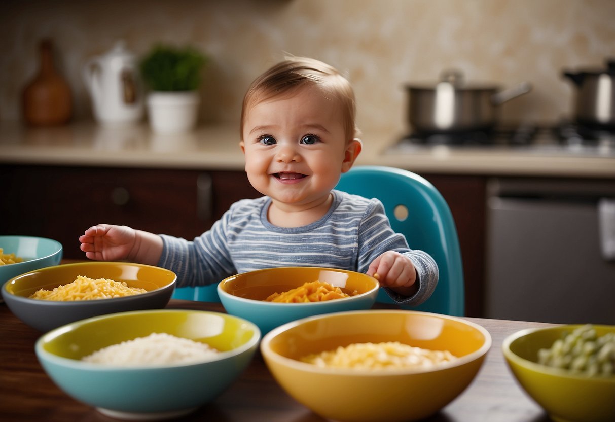 Colorful bowls of single-ingredient purees arranged on a table, surrounded by baby-friendly utensils and a high chair. A happy baby eagerly reaches out for a spoonful of food