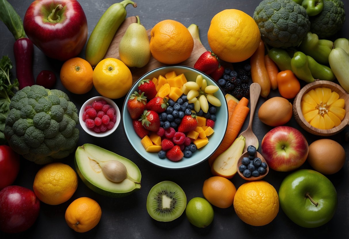 A colorful array of fresh fruits and vegetables arranged on a table, with a spoon and small bowl nearby, ready for a baby's first taste of solid food