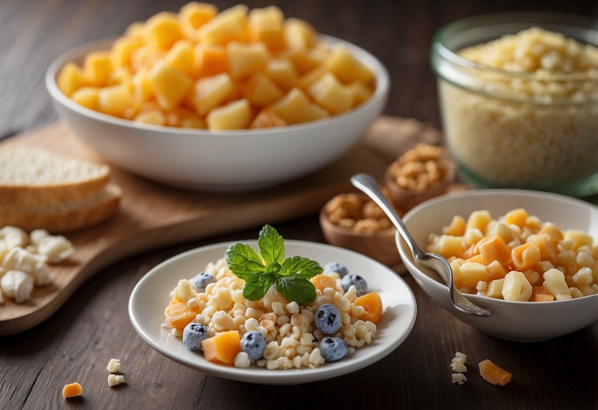 A table with a colorful array of textured foods, including soft, mushy, and crunchy options. A baby-friendly spoon and bowl are present, along with a high chair or booster seat