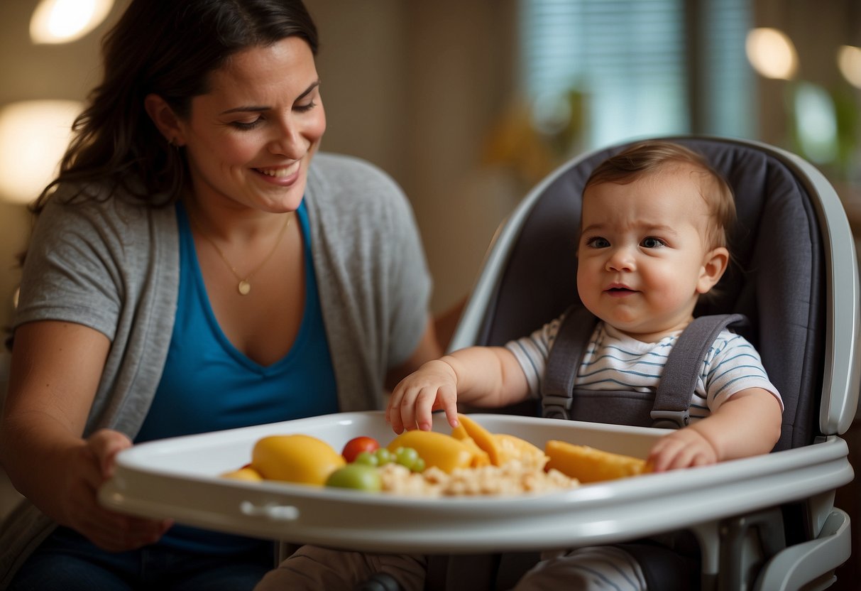 A baby's high chair with various food items on the tray, while a parent watches closely for any signs of allergic reactions