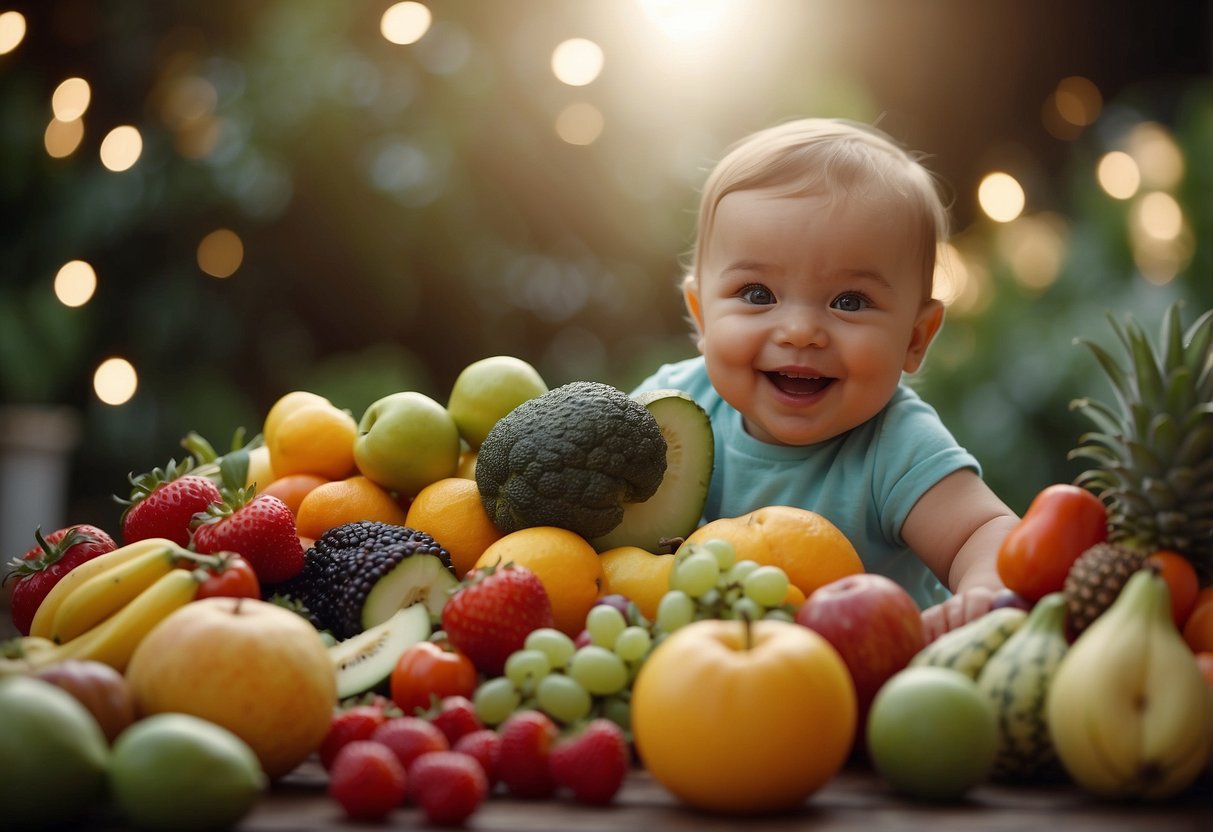 A colorful array of fruits and vegetables, with a small amount of sugar and salt, surrounded by happy babies enjoying their first bites