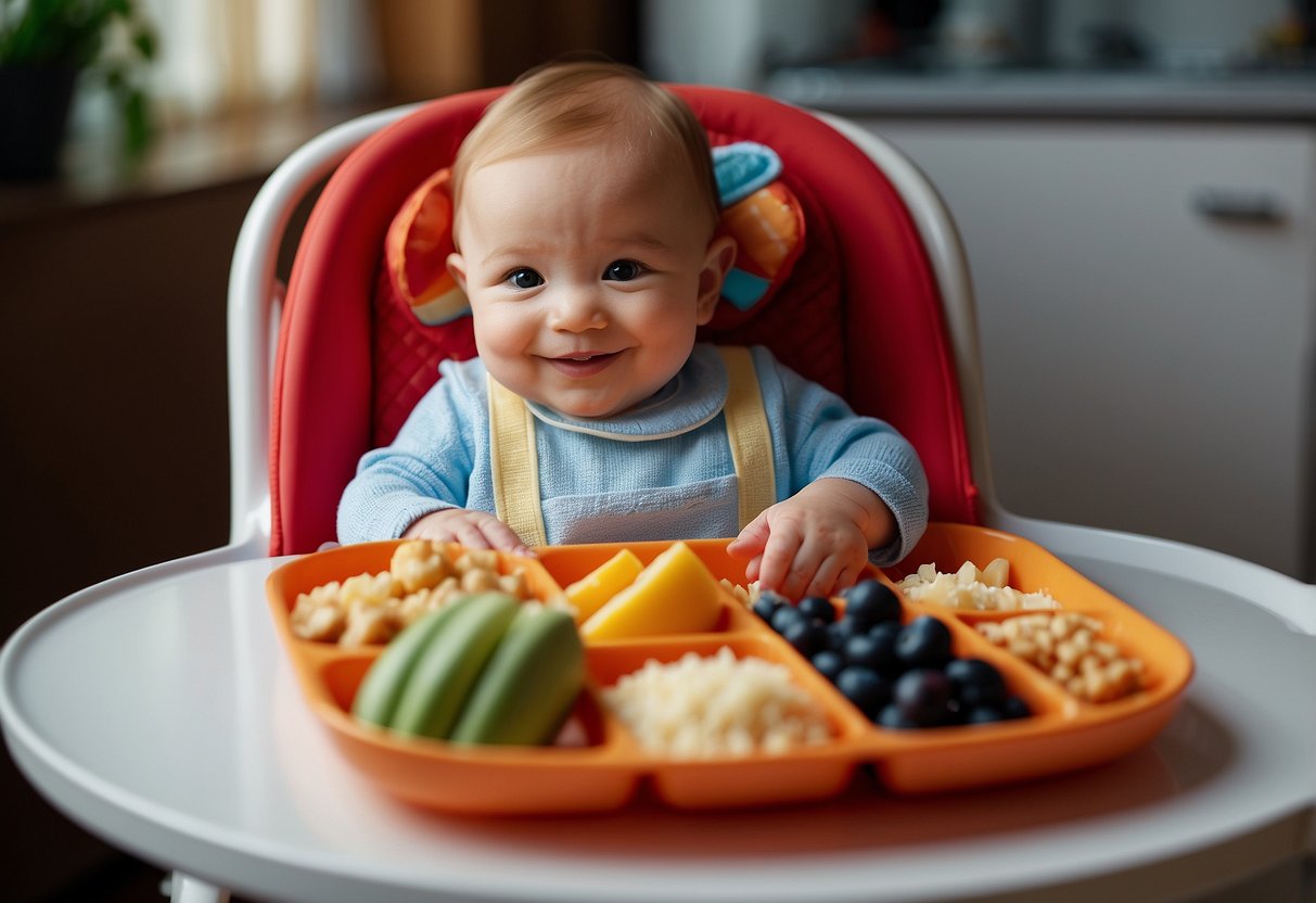 A variety of colorful, textured foods arranged on a highchair tray, with a spoon and bib nearby. A smiling baby sits in the background, eagerly reaching for the food