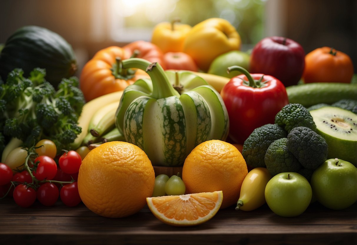 A colorful array of fresh fruits and vegetables arranged on a table, with a variety of feeding utensils and a baby bib nearby