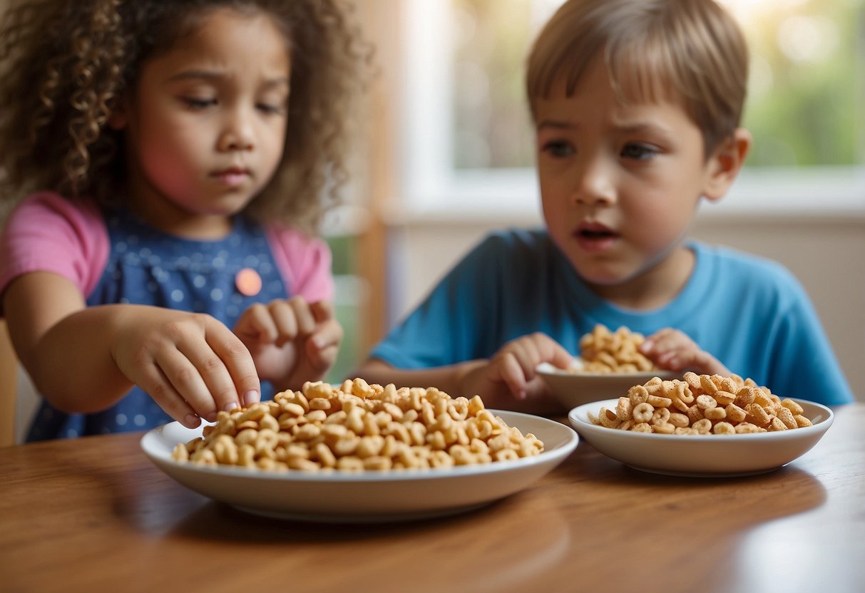 A child's hand reaching past a box of iron-fortified cereal towards a plate of unhealthy food. A parent looks on, unaware of the potential impact on the child's growth