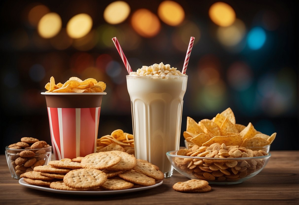 A table overflowing with various snacks, from chips and cookies to candy and soda, tempting but overwhelming. A child's growth chart in the background