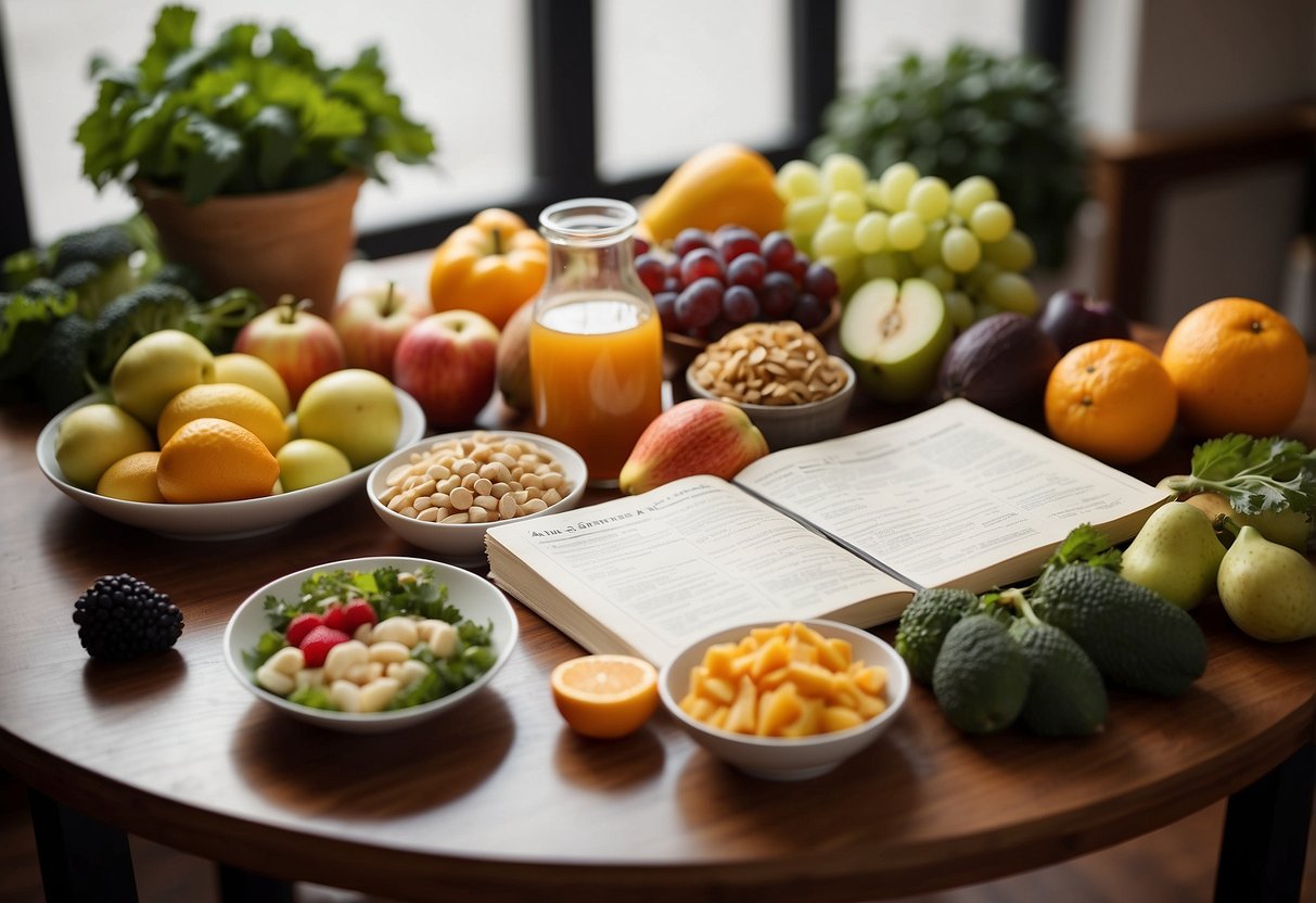 A table with few food options, such as fruits and vegetables, next to a list of common feeding mistakes