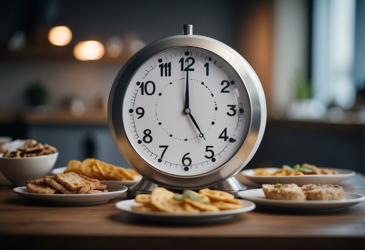 A clock with hands pointing to different times. Empty plates and scattered food. Uneven portions on the table. Growth chart with fluctuating lines