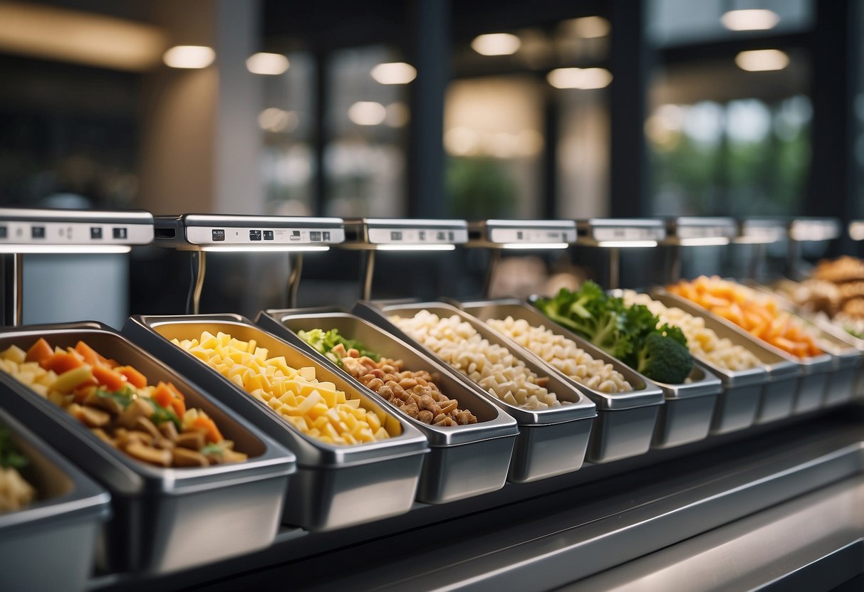 A row of 10 feeding stations, each with different types of food and varying portion sizes. Some stations are overflowing while others are nearly empty