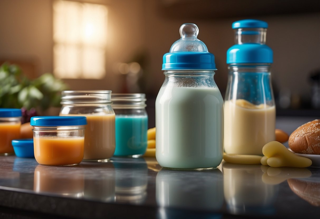 A baby bottle filled with milk, surrounded by various types of baby food jars and a sippy cup filled with water