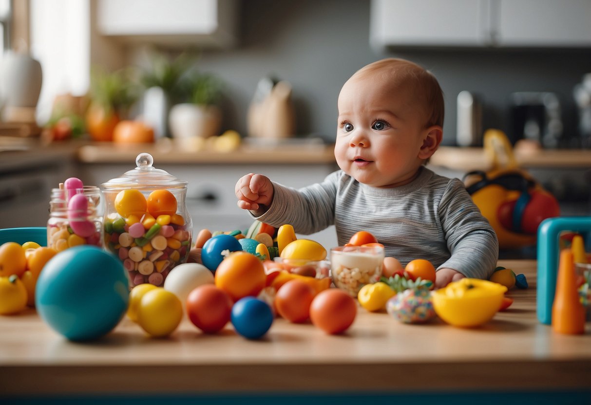 A baby surrounded by colorful, nutrient-rich foods and engaging toys. A supportive caregiver encourages and interacts with the baby during feeding and playtime