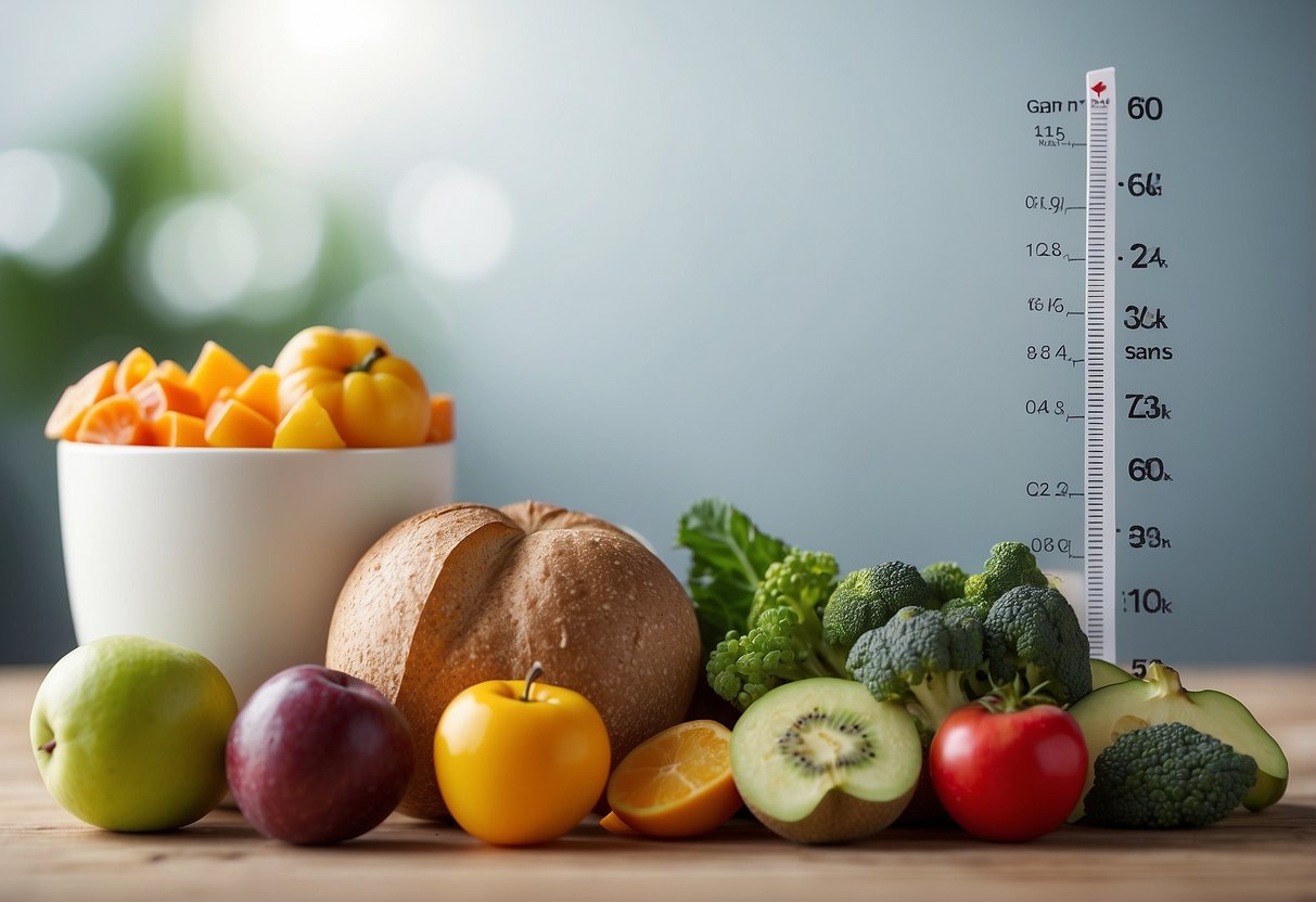 A baby bottle surrounded by healthy foods and a growth chart, representing support for healthy weight gain in babies