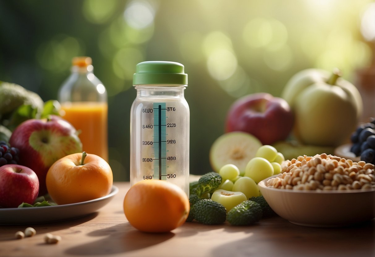 A baby bottle surrounded by healthy food and a growth chart, with a supportive caregiver nearby