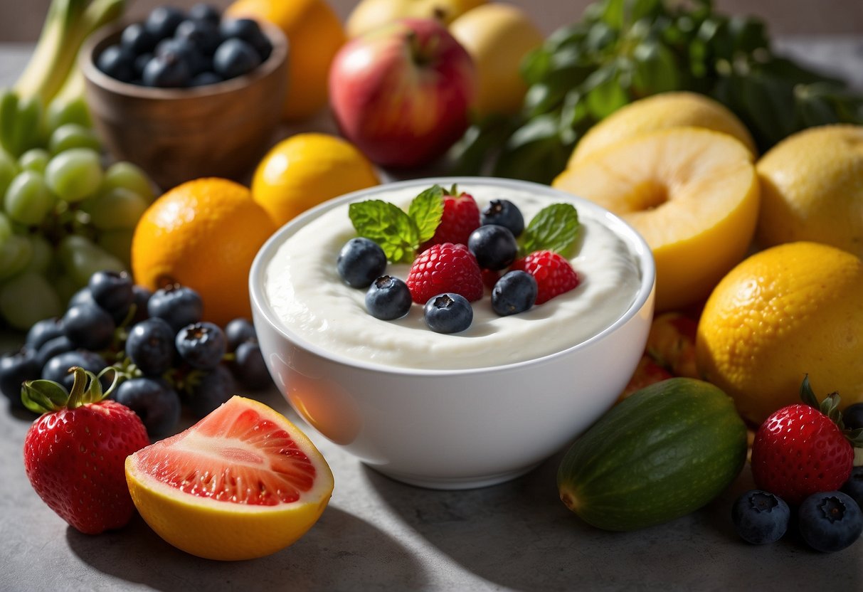 A bowl of full-fat Greek yogurt surrounded by colorful fruits and vegetables, with a list of "7 Strategies for Supporting Healthy Weight Gain in Babies" displayed next to it