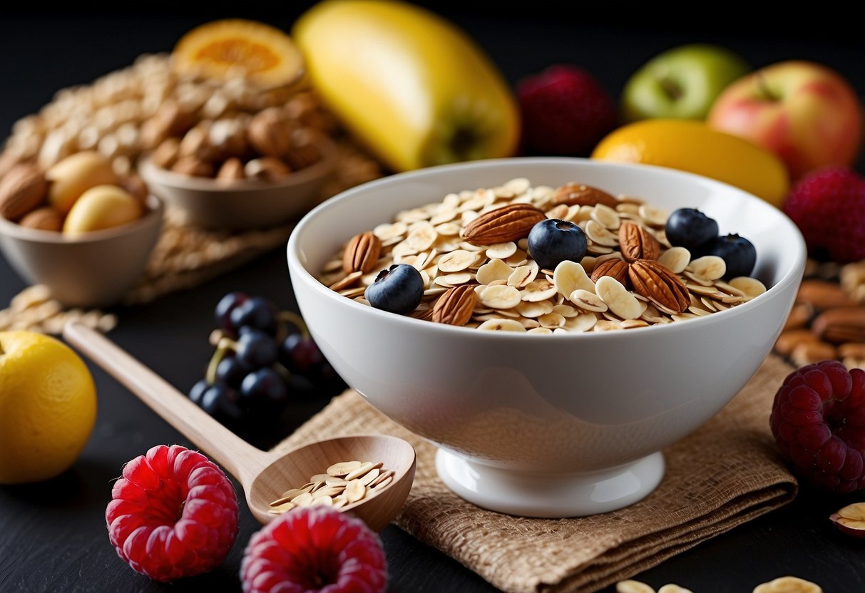 A bowl of cooked oats surrounded by colorful fruits and nuts, with a measuring tape and a growth chart in the background