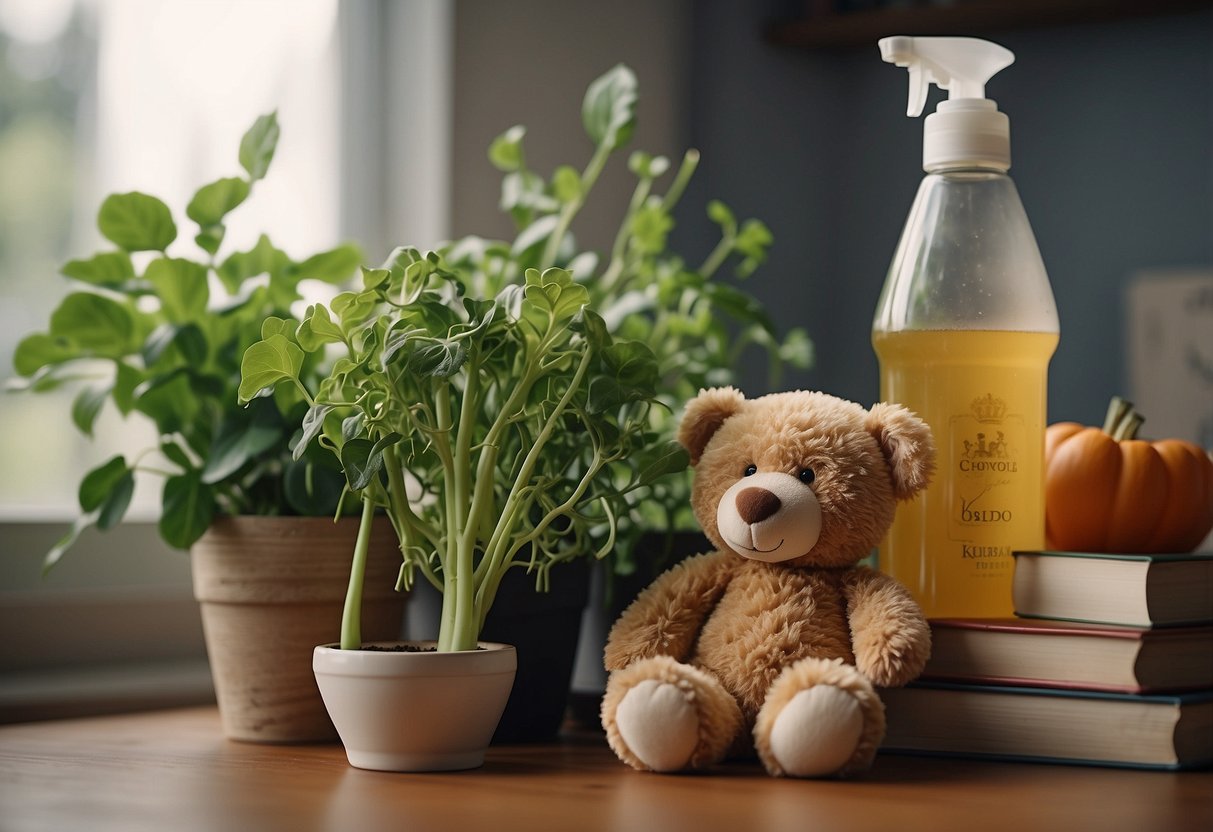 A baby bottle with empty, wilted vegetables, a stack of unread baby nutrition books, a drooping potted plant, and a sad-looking teddy bear