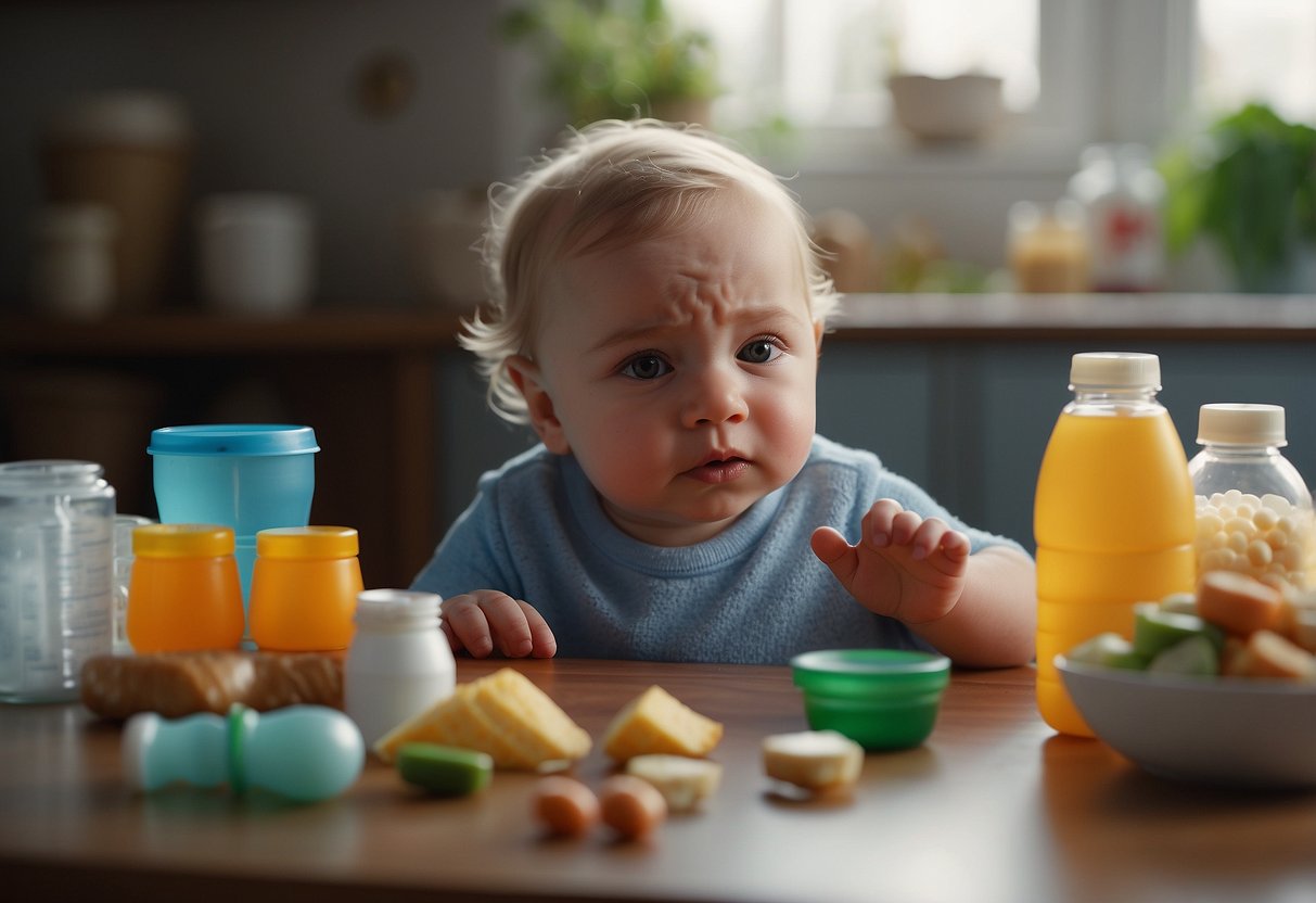 A crying baby surrounded by empty baby bottles and food containers, with a worried parent looking at a list of nutritional deficiency signs